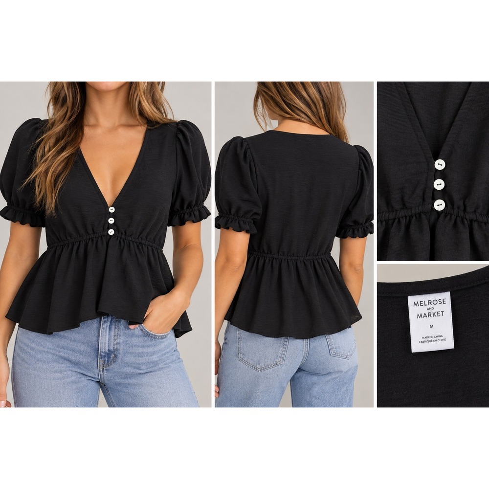 Melrose and Market Black Peplum Top V-Neck Puff Sleeve Button Front Blouse M